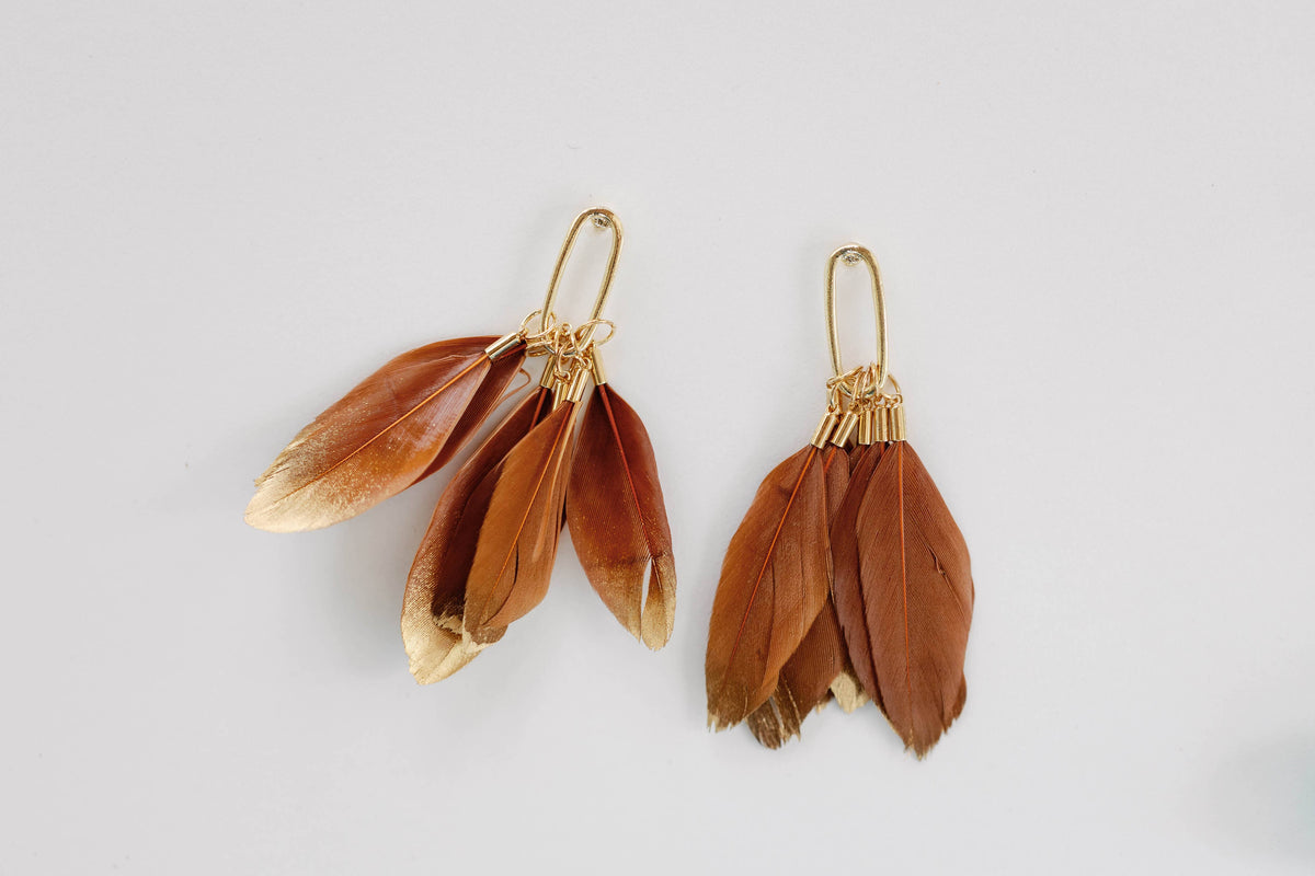 Caramel Gold Dipped Fall Feathers Statement Earrings