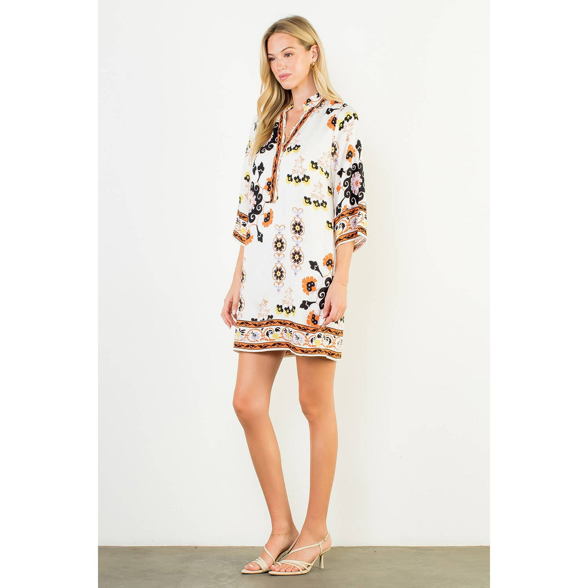 THML Floral Border Print Split Neck Tunic Dress