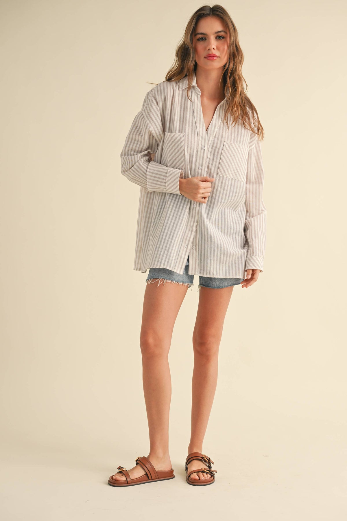 Miou Muse Striped Pattern Button Down Shirts