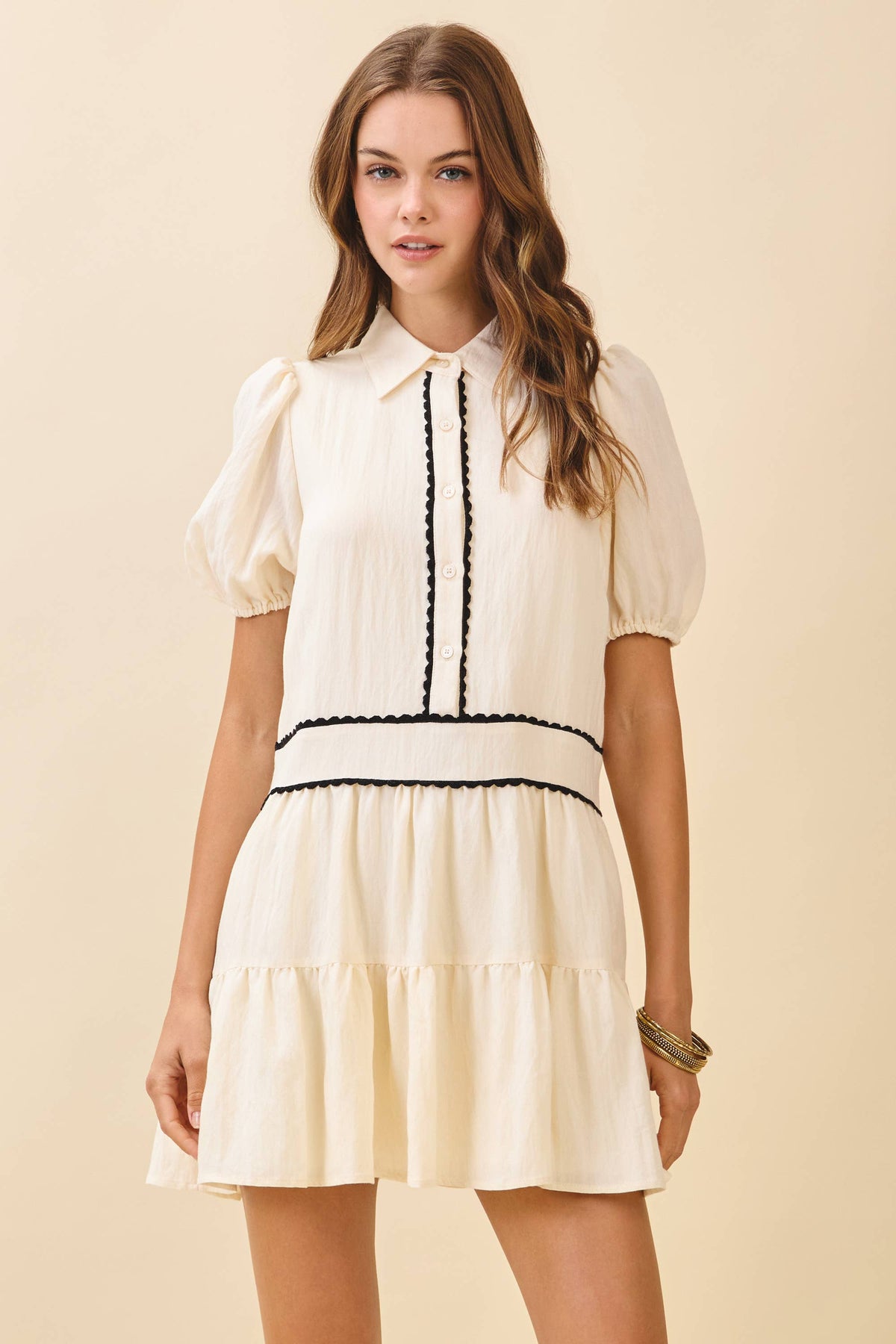 TCEC Scalloped Trimmed Button Placket Baby Doll Dress