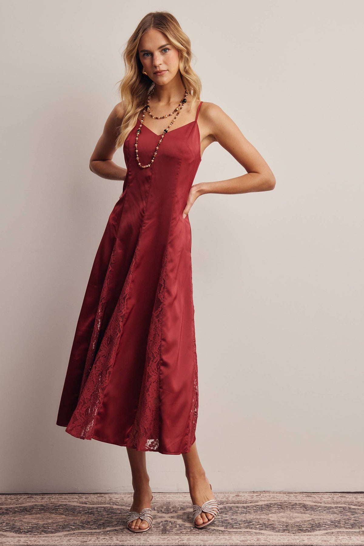 Forte Lace Panel Satin Slip Midi Dress