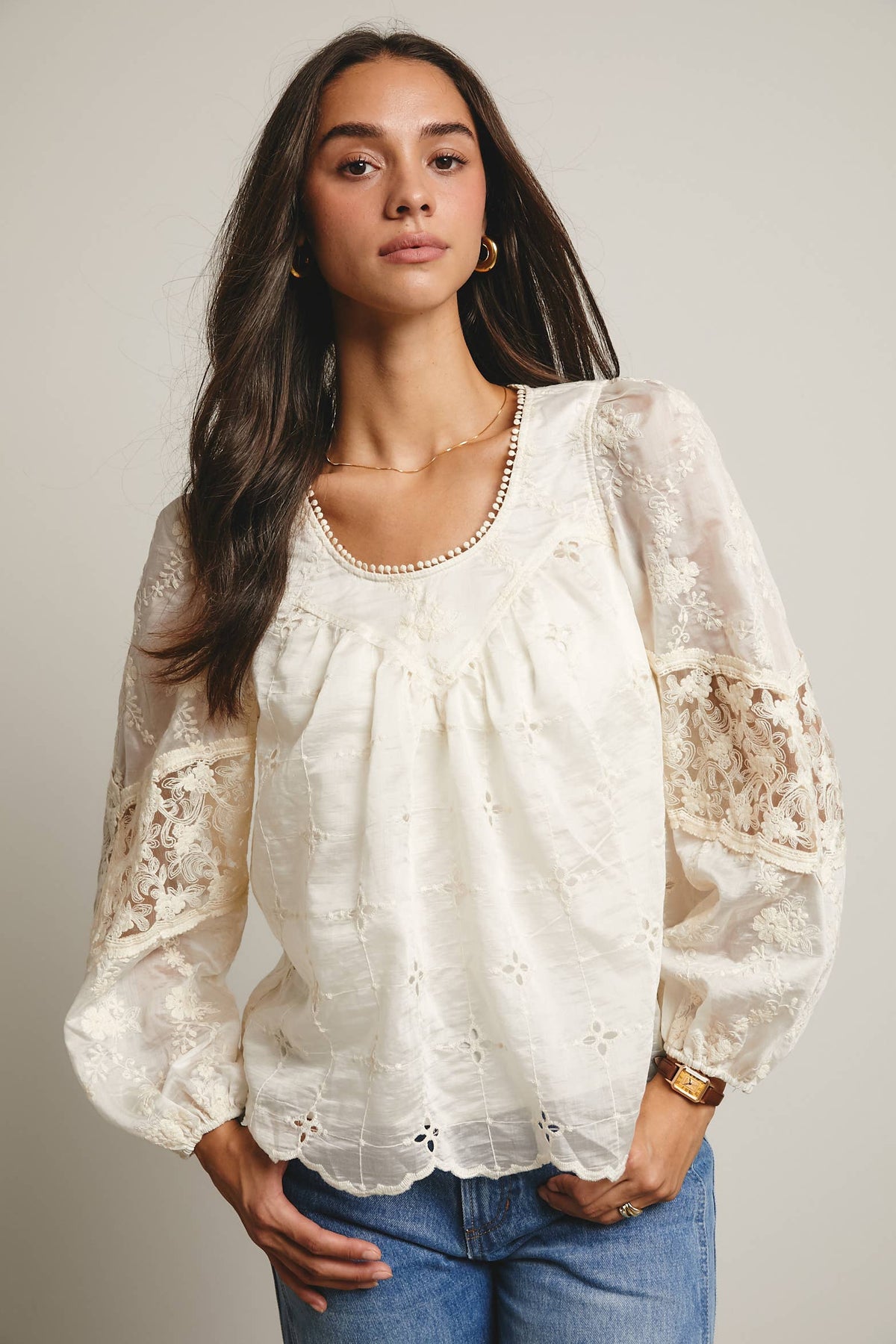 Forte Embroidered Lace Puff Sleeve Blouse