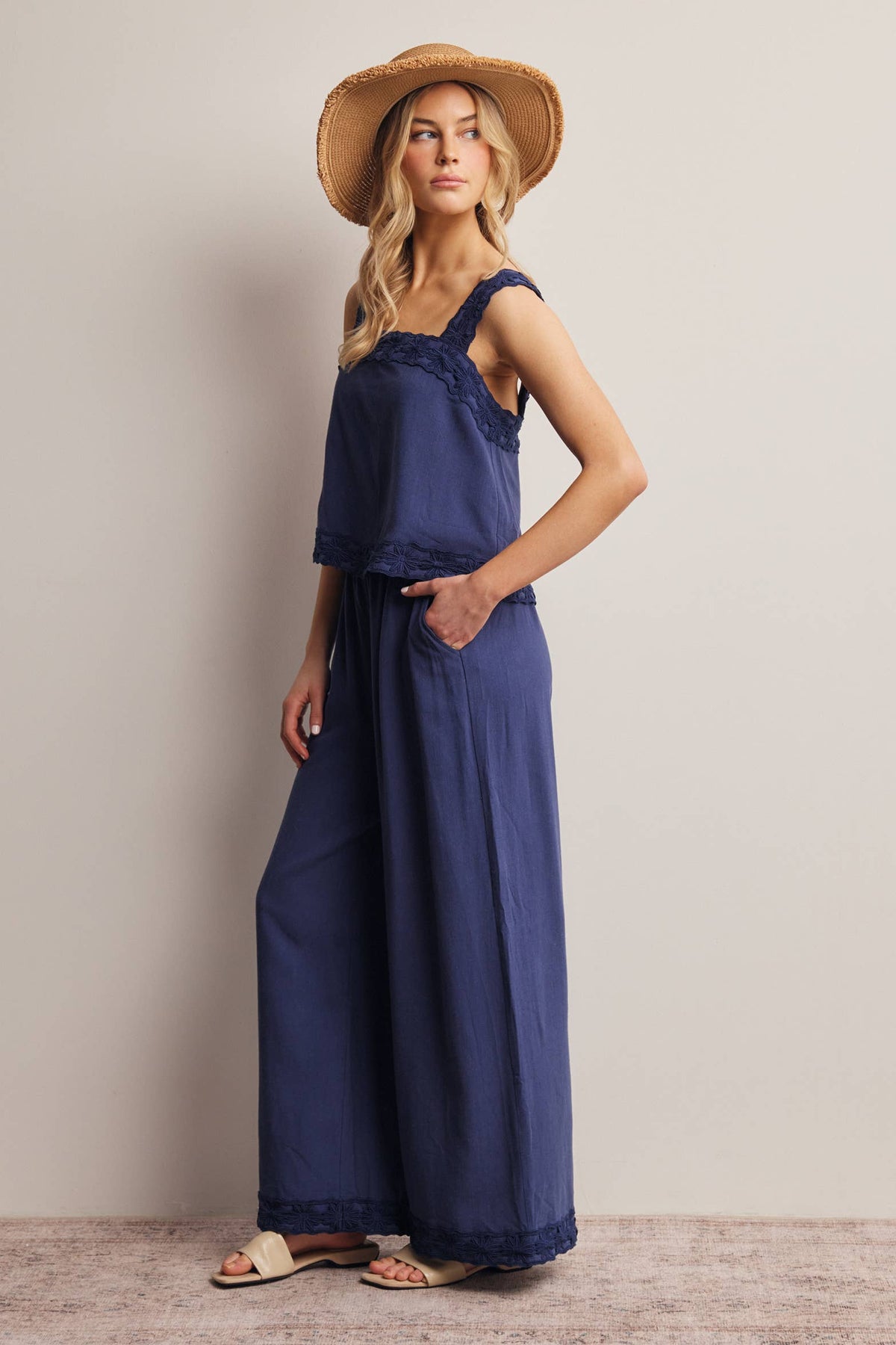 Forte Embroidered  Tank & Wide-Leg Pants Set