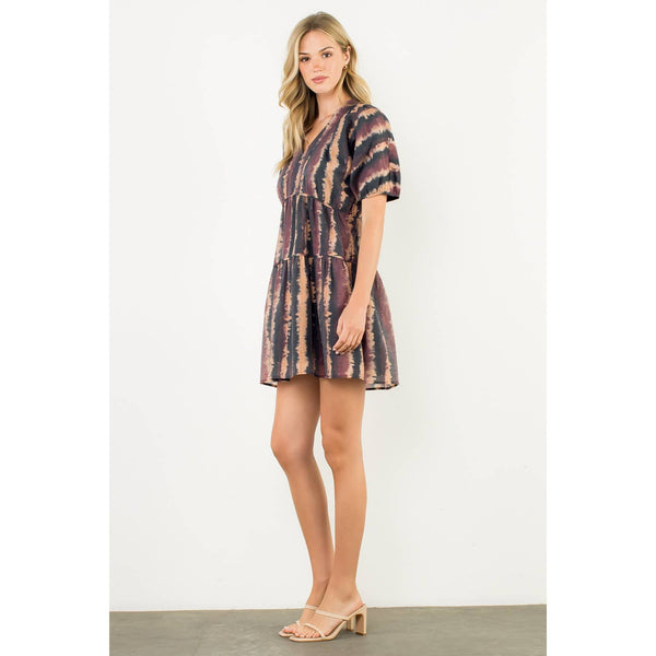 THML Pleated Trim Puff Sleeve Tie Dye Dress