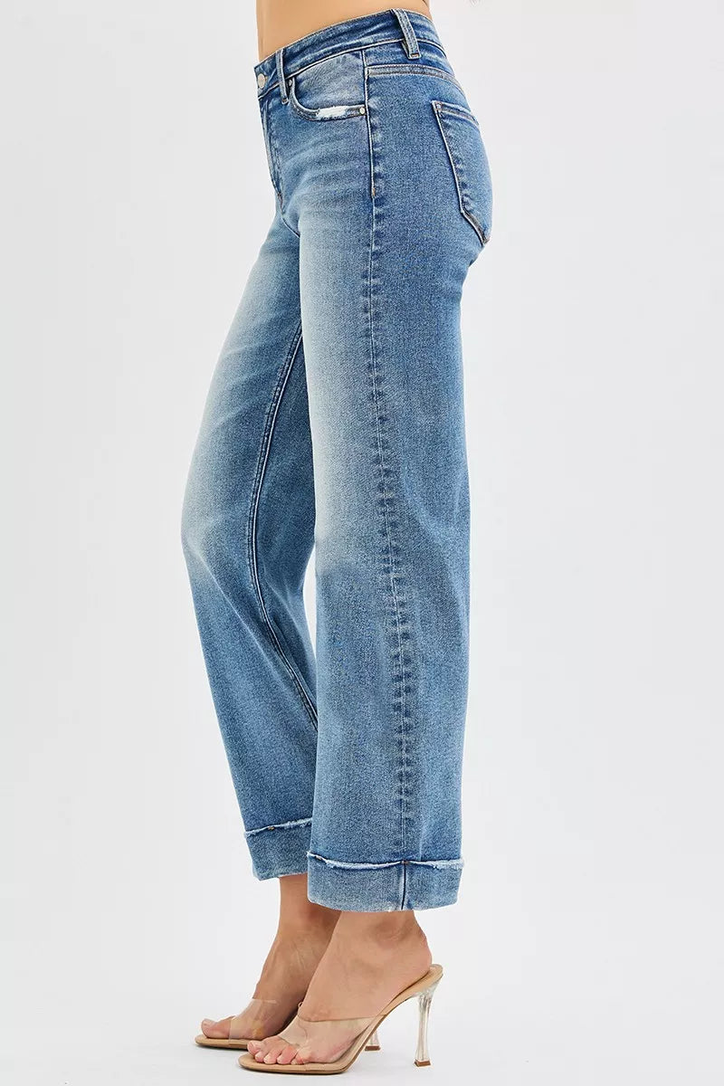 RISEN Mid Rise Crop Straight Jeans with Taylor Cuffed