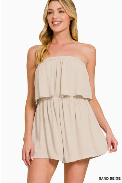 Zenana Woven Crinkle Strapless Rompers