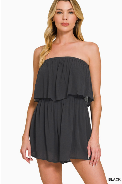 Zenana Woven Crinkle Strapless Rompers
