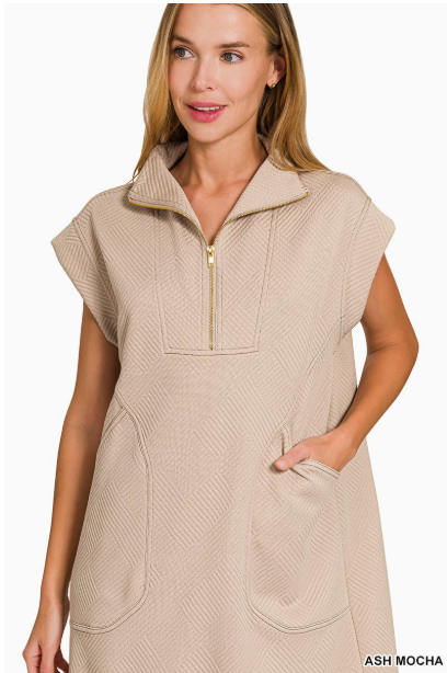 Zenana Textured Knit Jacquard Quarter Zipper Mini Dress