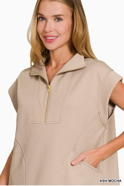Zenana Textured Knit Jacquard Quarter Zipper Mini Dress