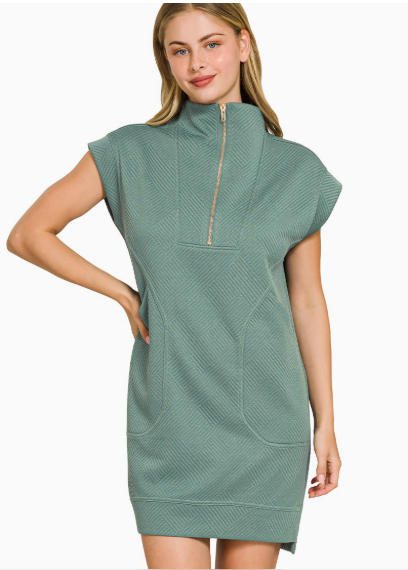 Zenana Textured Knit Jacquard Quarter Zipper Mini Dress