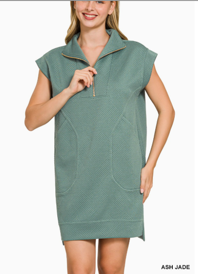 Zenana Textured Knit Jacquard Quarter Zipper Mini Dress