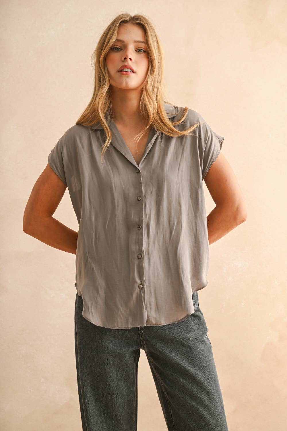 Miou Muse Button Down Cap Sleeve - Taupe