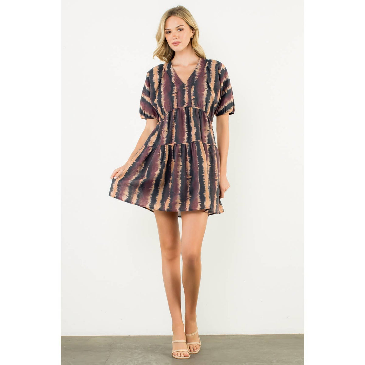THML Pleated Trim Puff Sleeve Tie Dye Dress