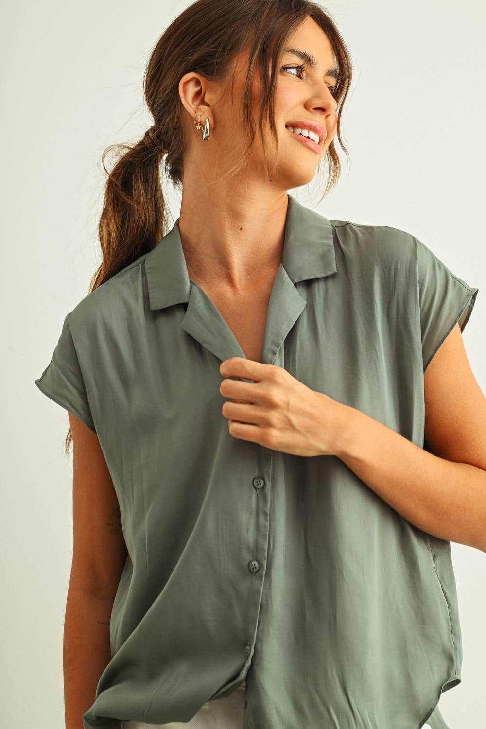 Miou Muse Button Down Cap Sleeve Shirts - Jade