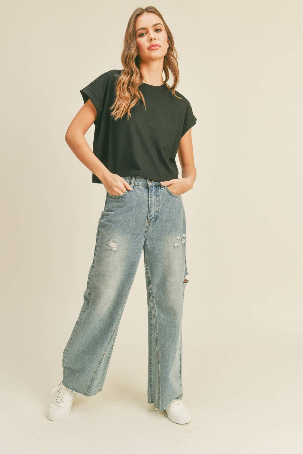 Miou Muse ROUND NECK CUFFED SLEEVE TOP