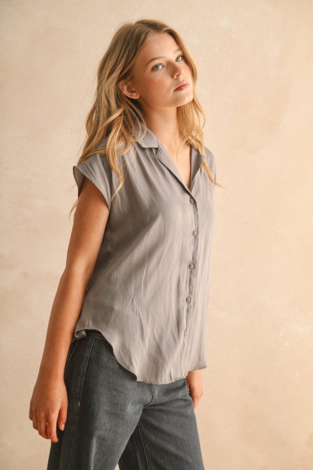 Miou Muse Button Down Cap Sleeve Shirts