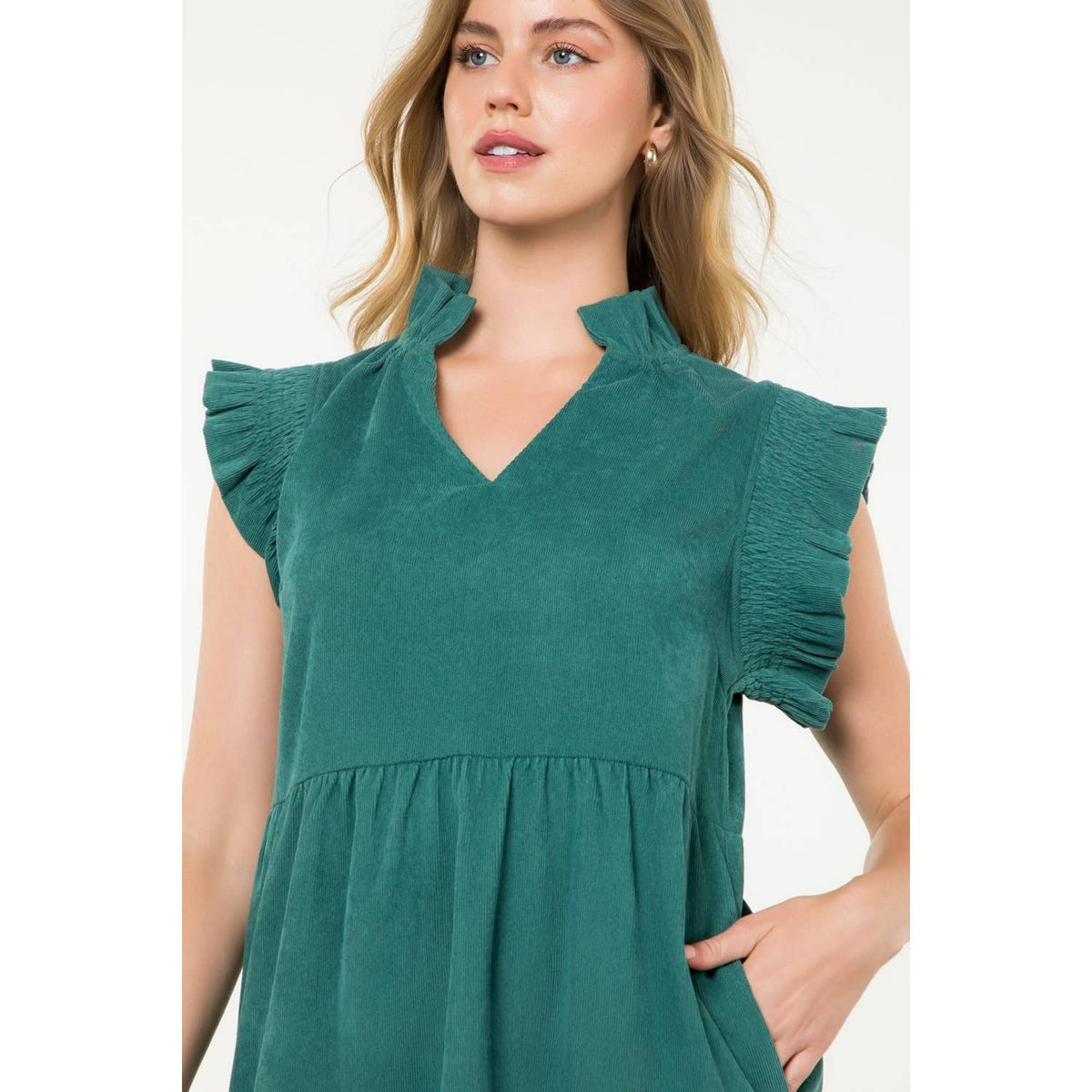 THML Flutter Sleeve Corduroy Midi Dress