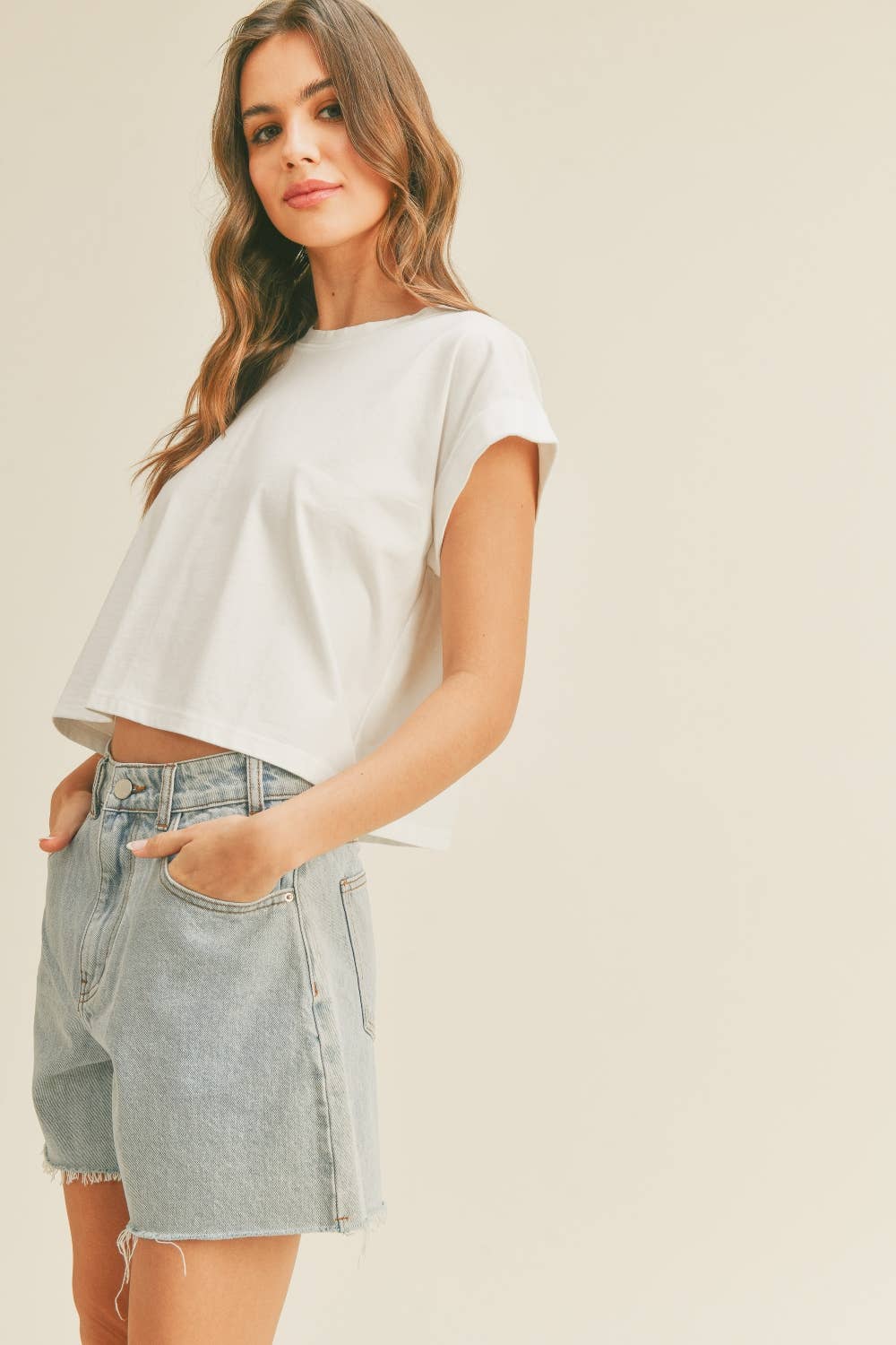 Miou Muse ROUND NECK CUFFED SLEEVE TOP