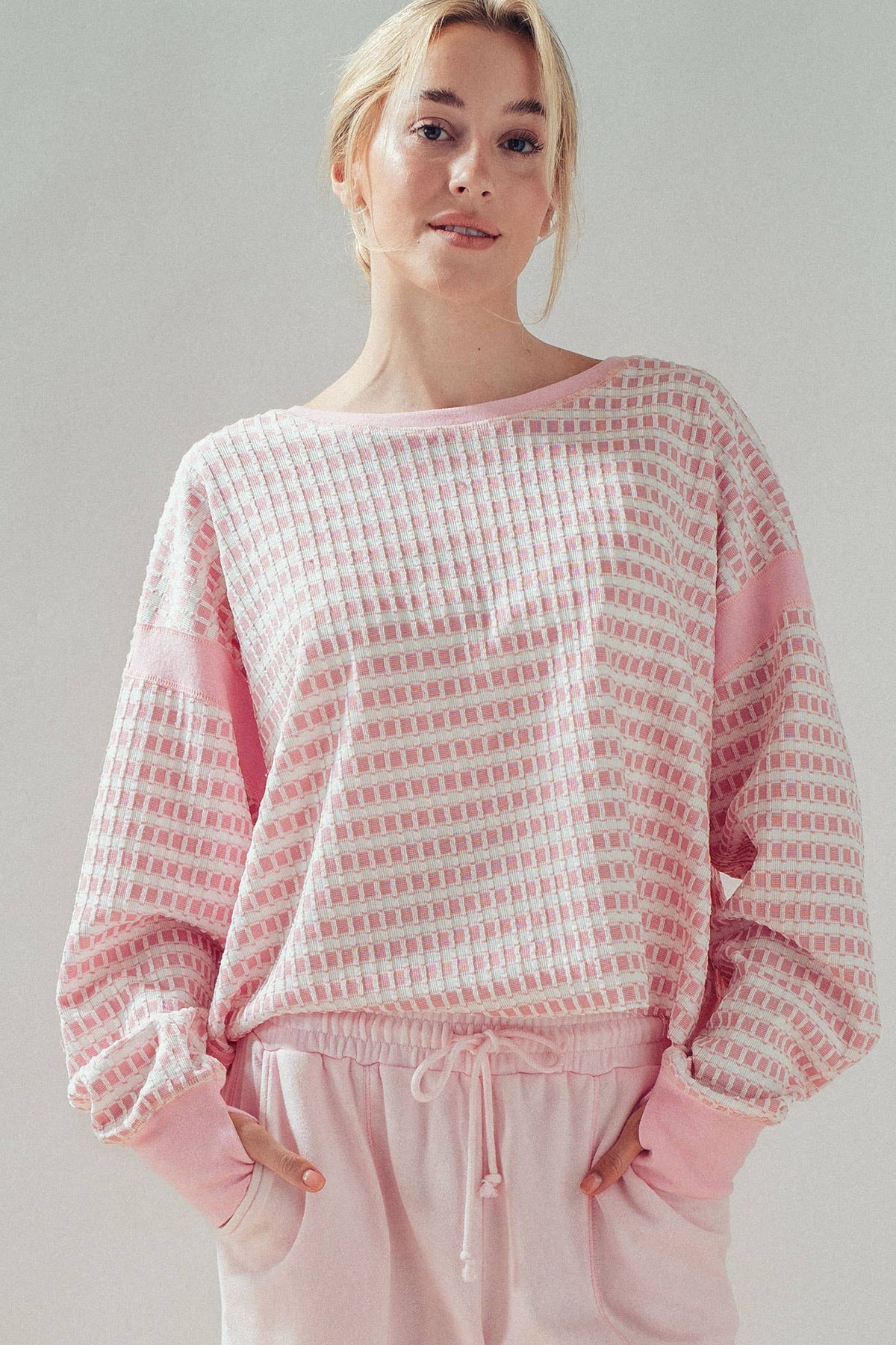 Reversible Textured Check Long Sleeve Pullover