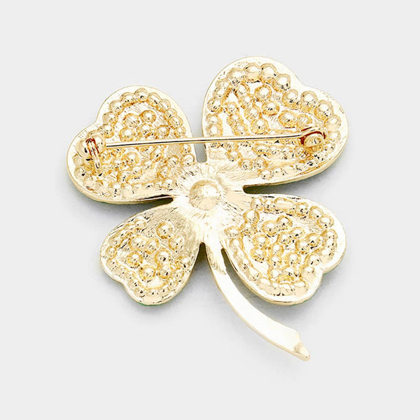 Stone Paved Clover Pin Brooch