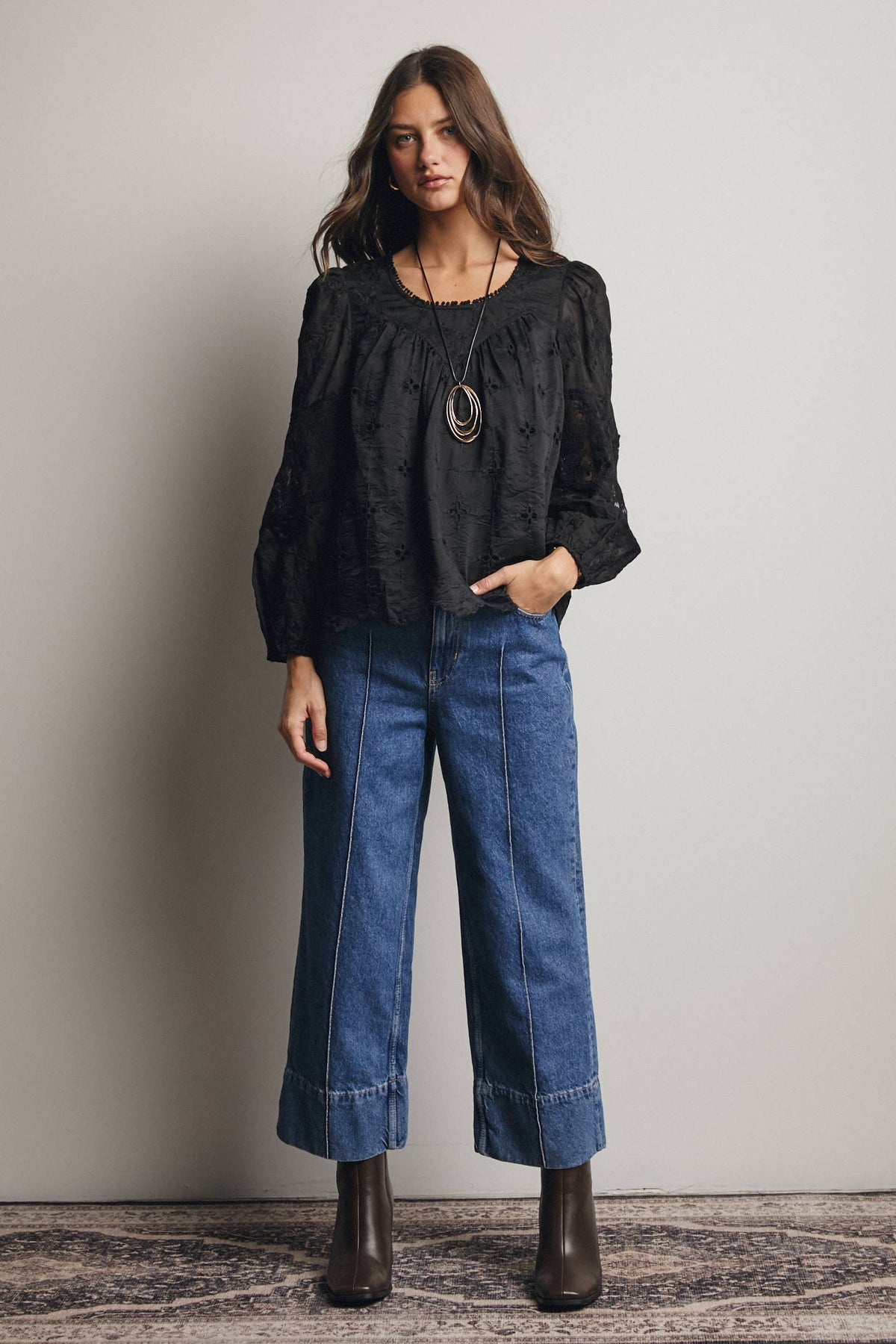Forte Embroidered Lace Puff Sleeve Blouse