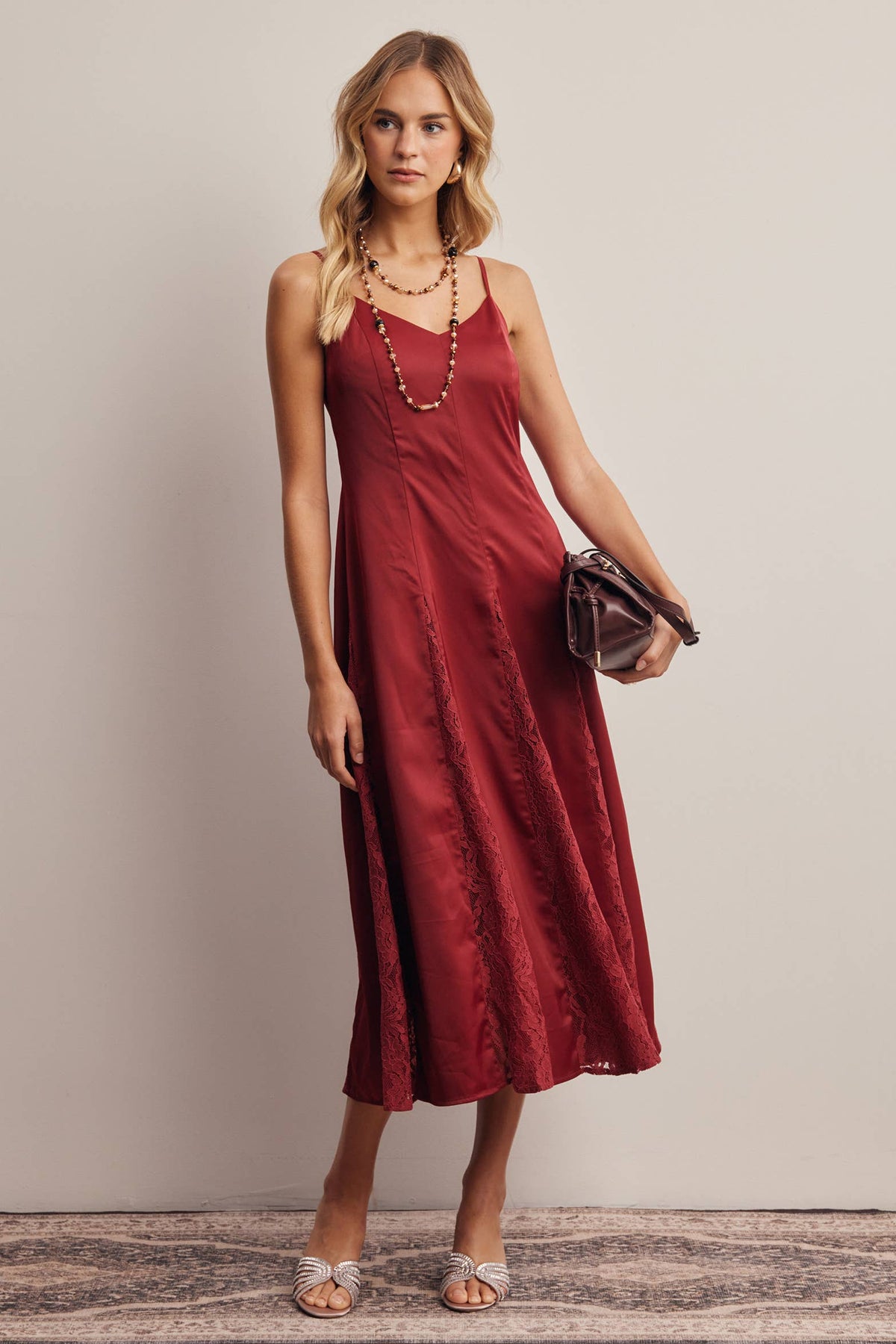 Forte Lace Panel Satin Slip Midi Dress