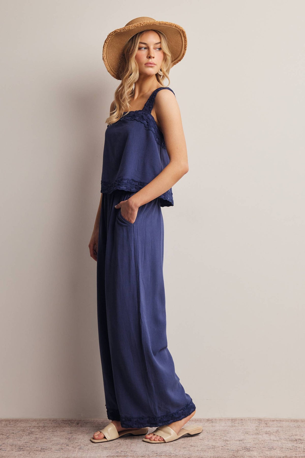 Forte Embroidered  Tank & Wide-Leg Pants Set