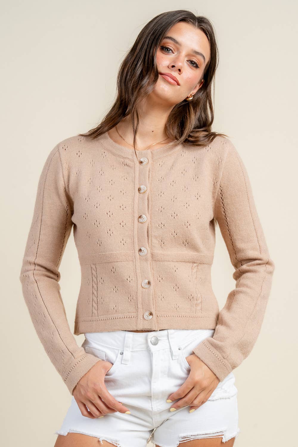 BEIVY CROP BUTTON DOWN SWEATER