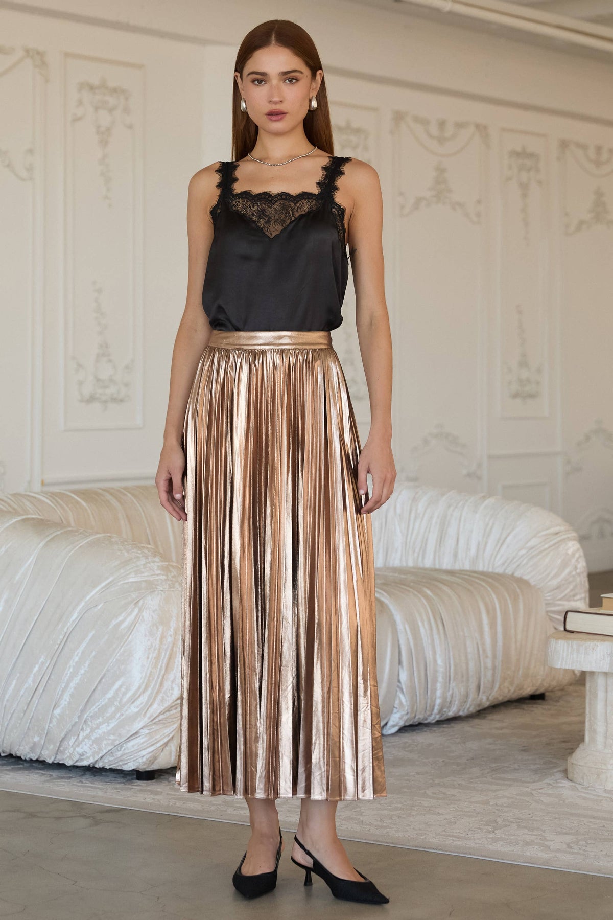 Skies are Blue Metallic Pleated Maxi Skirt