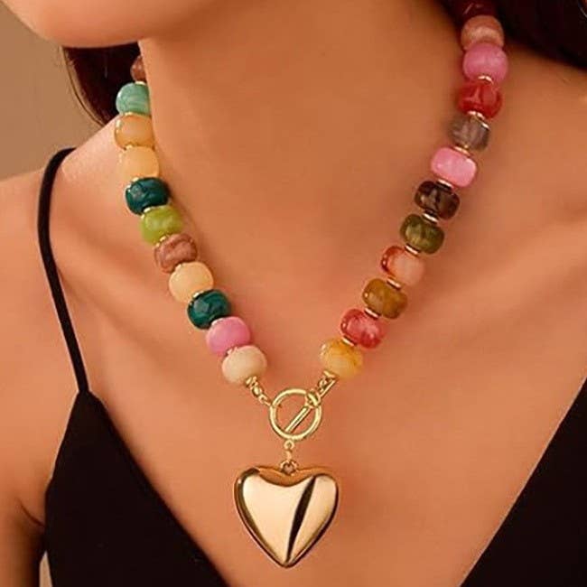 Multi Beaded Heart Charm Toggle Necklace