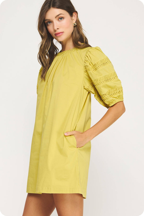 Strut & Bolt Reverse Pintuck Puff Sleeve Mini Dress