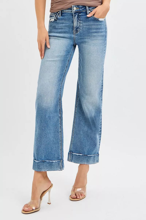 RISEN Mid Rise Crop Straight Jeans with Taylor Cuffed