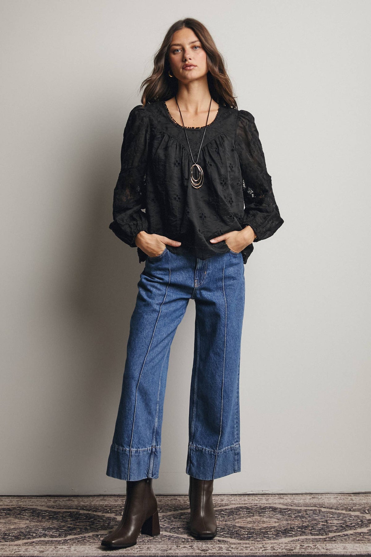 Forte Embroidered Lace Puff Sleeve Blouse