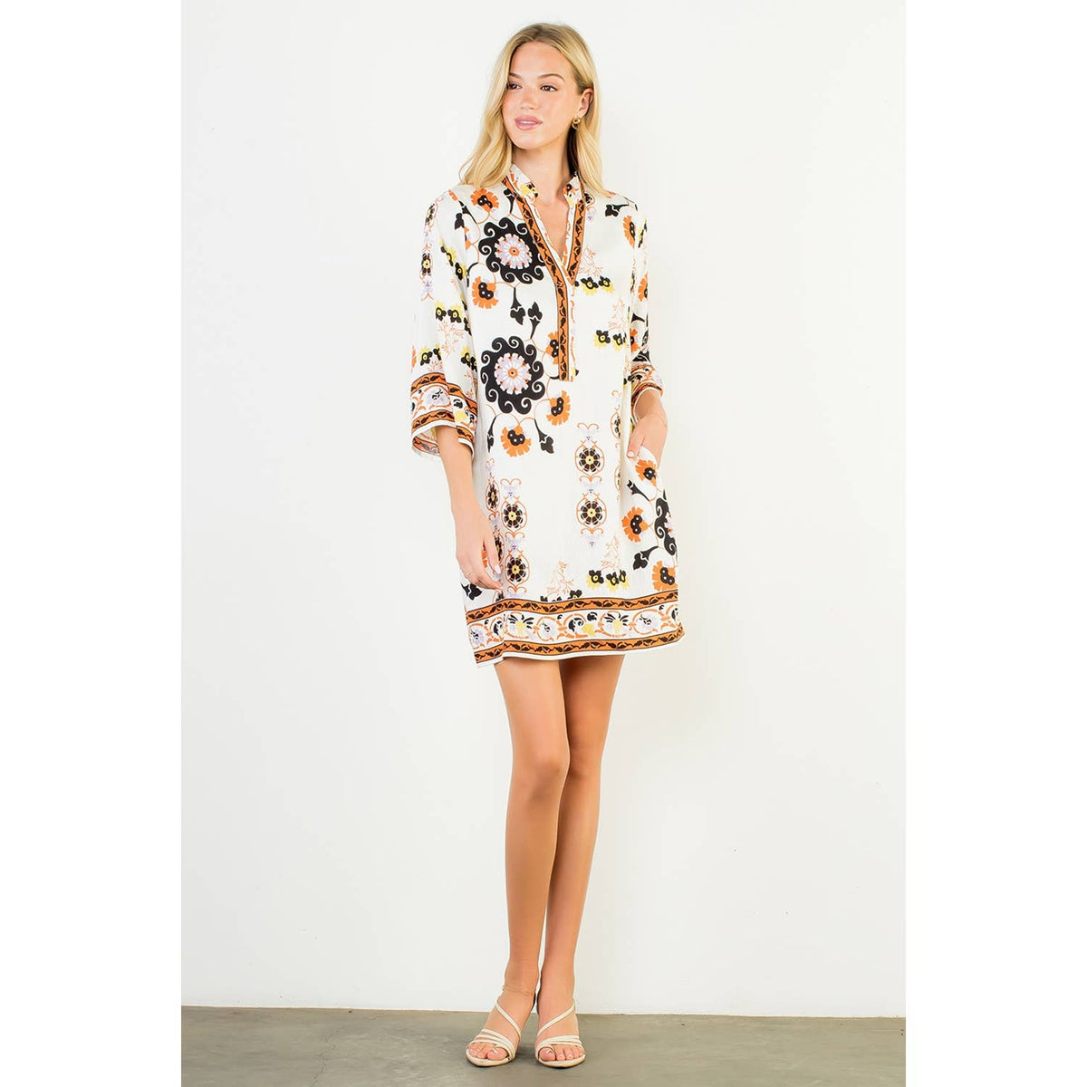 THML Floral Border Print Split Neck Tunic Dress