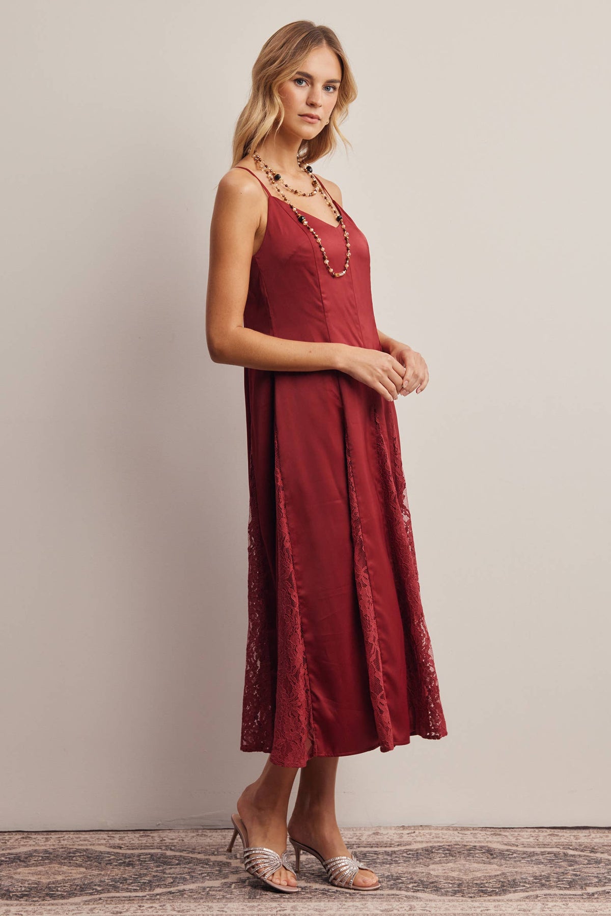 Forte Lace Panel Satin Slip Midi Dress