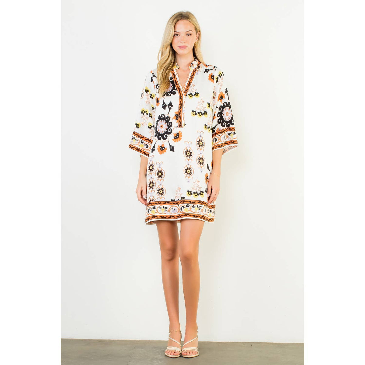 THML Floral Border Print Split Neck Tunic Dress