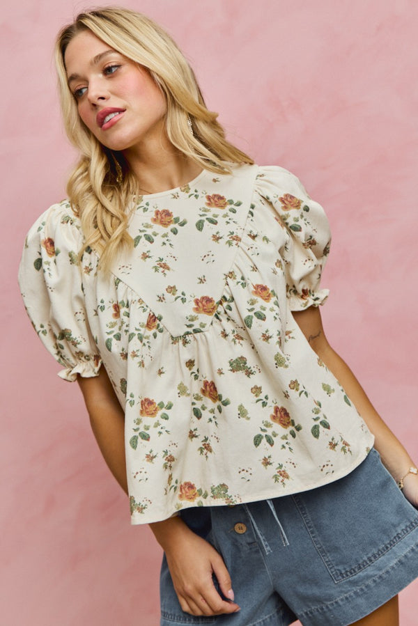 So Me Floral Rose Print Denim Top