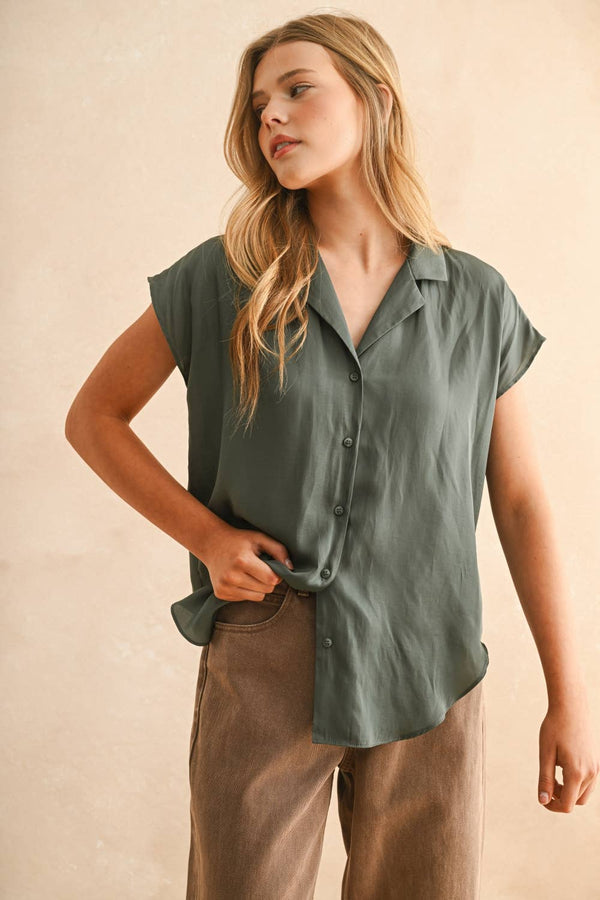 Miou Muse Button Down Cap Sleeve Shirts - Jade