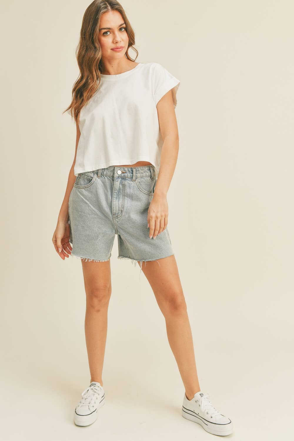 Miou Muse ROUND NECK CUFFED SLEEVE TOP