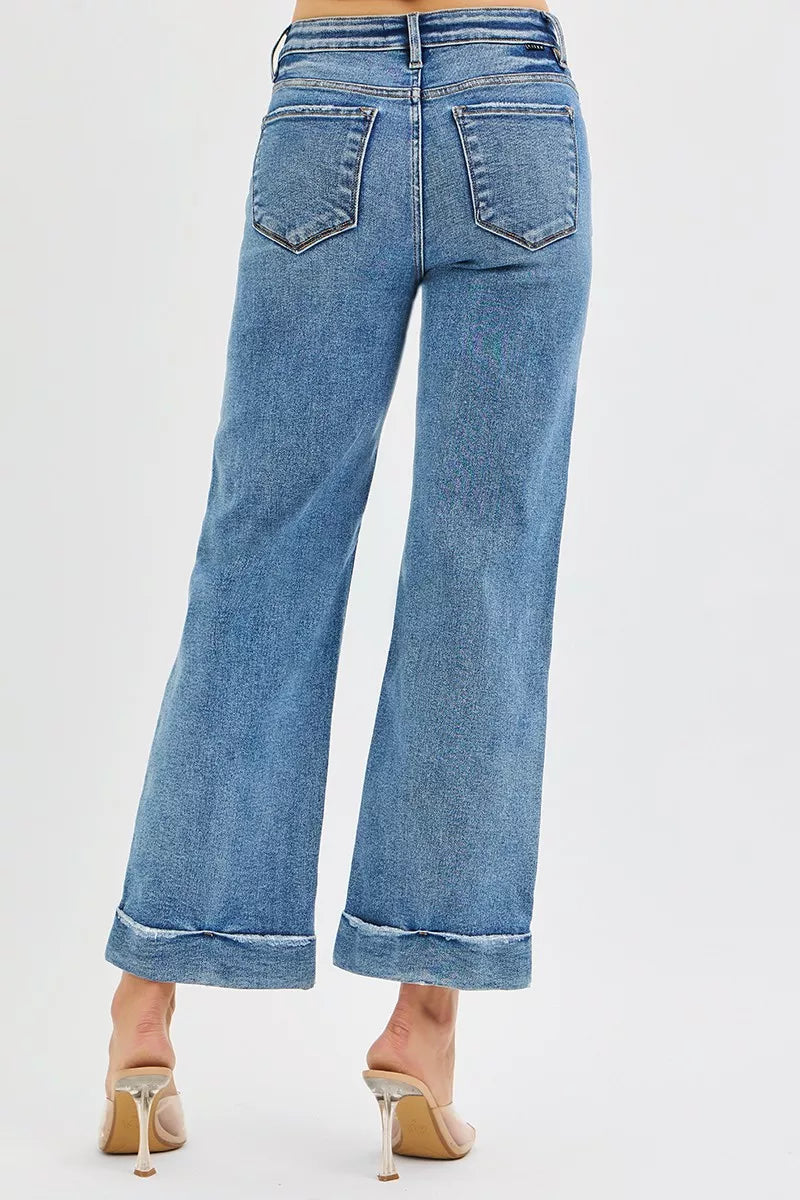 RISEN Mid Rise Crop Straight Jeans with Taylor Cuffed