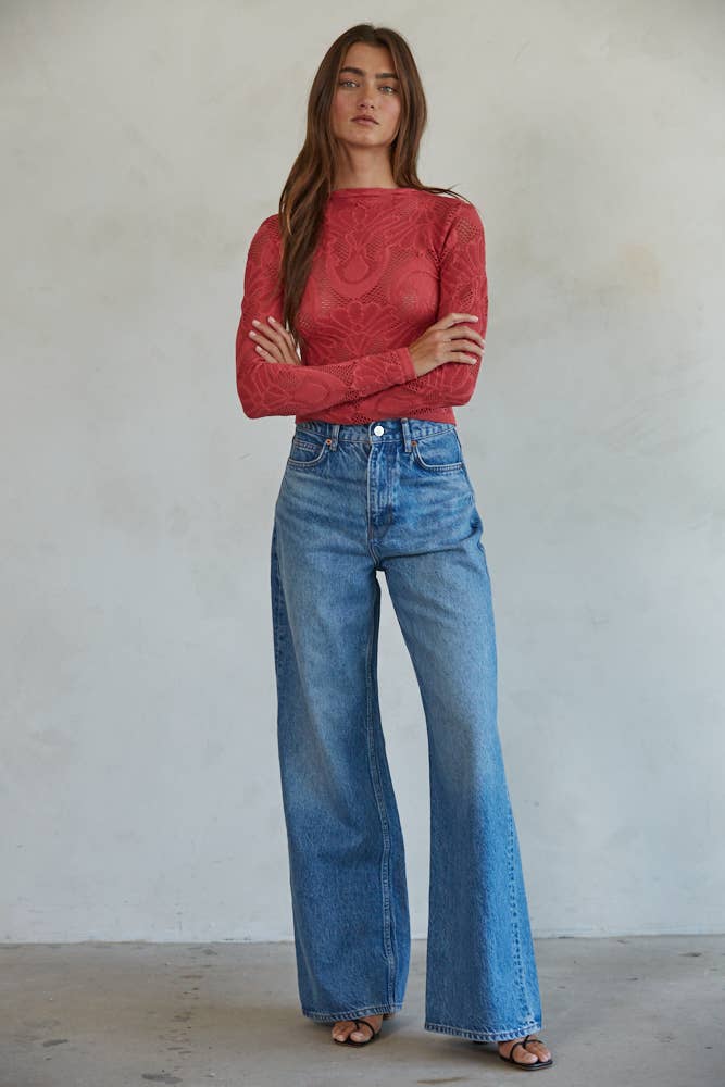 By Together | Knit Seamless Jacquard Mock Neck Long Sleeve Top