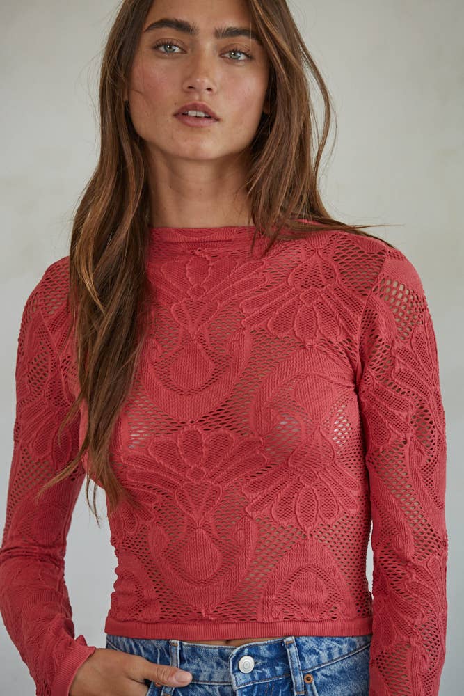 By Together | Knit Seamless Jacquard Mock Neck Long Sleeve Top