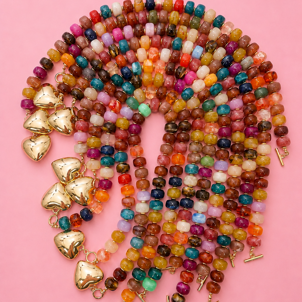 Multi Beaded Heart Charm Toggle Necklace