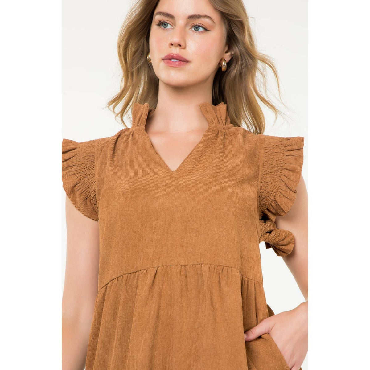THML Flutter Sleeve Corduroy Midi Dress