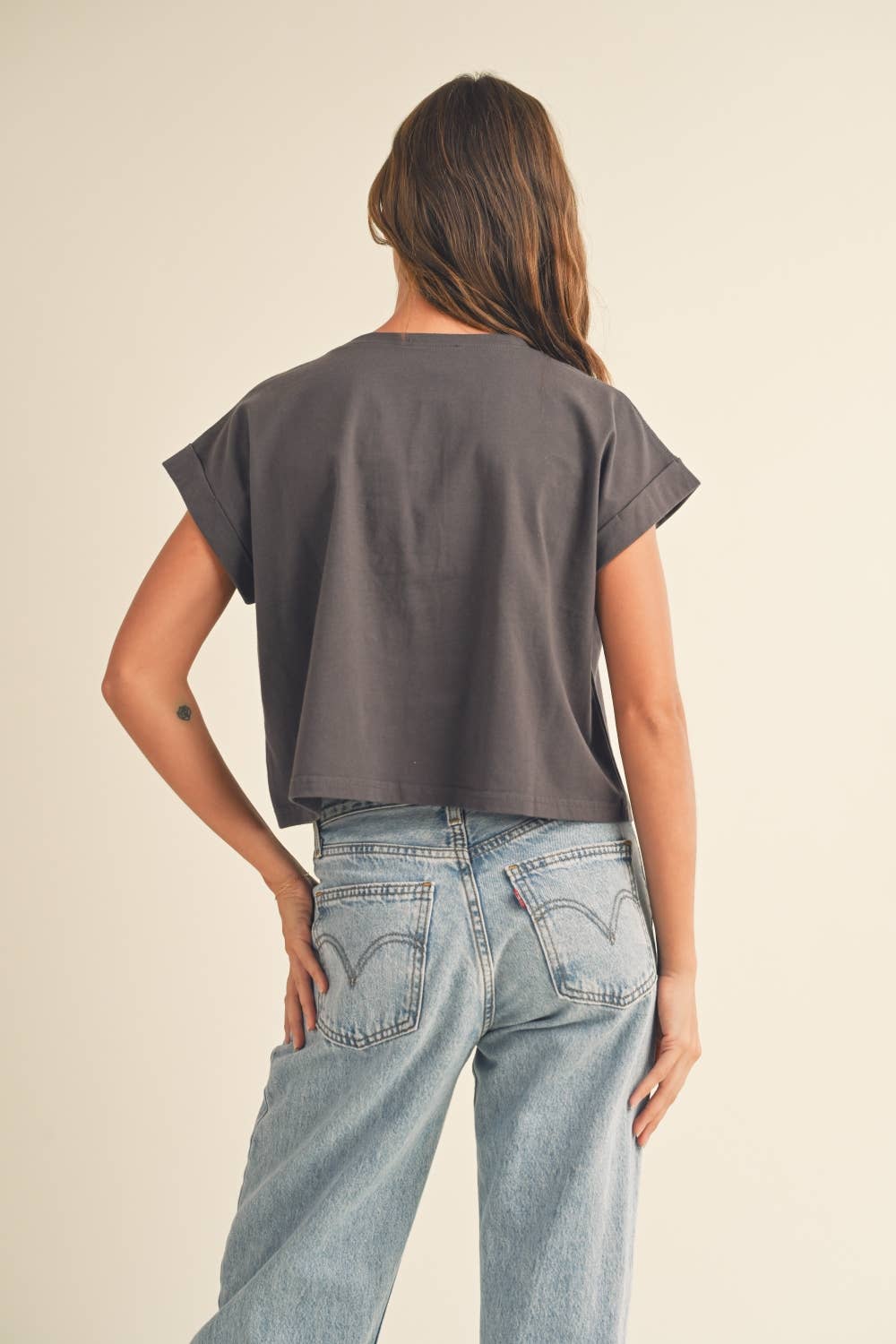 Miou Muse ROUND NECK CUFFED SLEEVE TOP