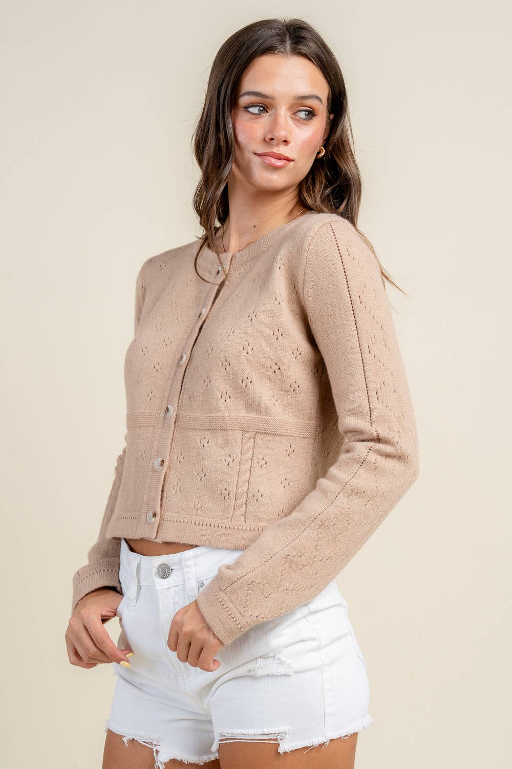 BEIVY CROP BUTTON DOWN SWEATER