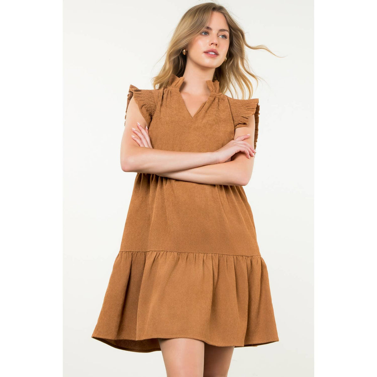 THML Flutter Sleeve Corduroy Midi Dress