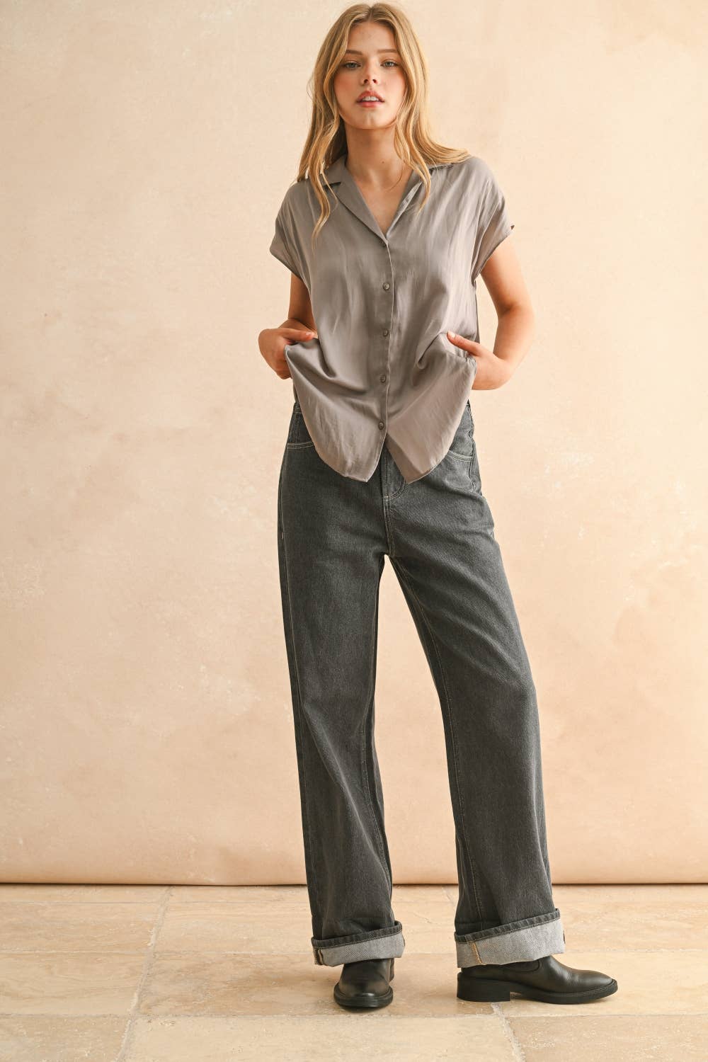 Miou Muse Button Down Cap Sleeve Shirts